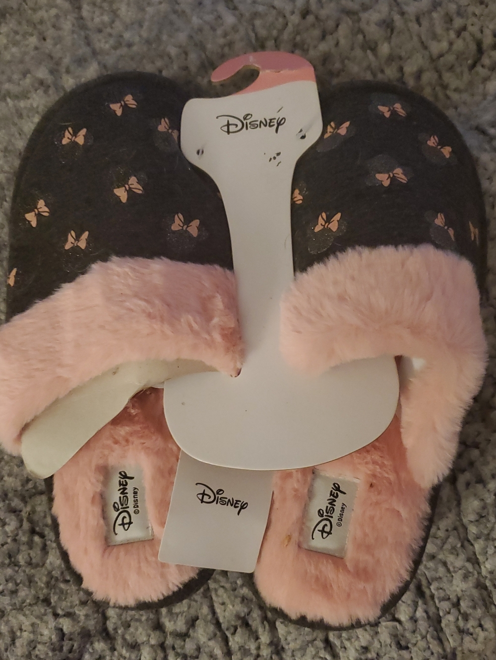 Disney Minnie Mouse Pink and Charcoal Womens Faux-Fur Bow Slippers UK 7-8